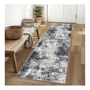 New Abstract Area Rug Runner 2 x 8 Ft Washable Runner Hallways Black Gray White